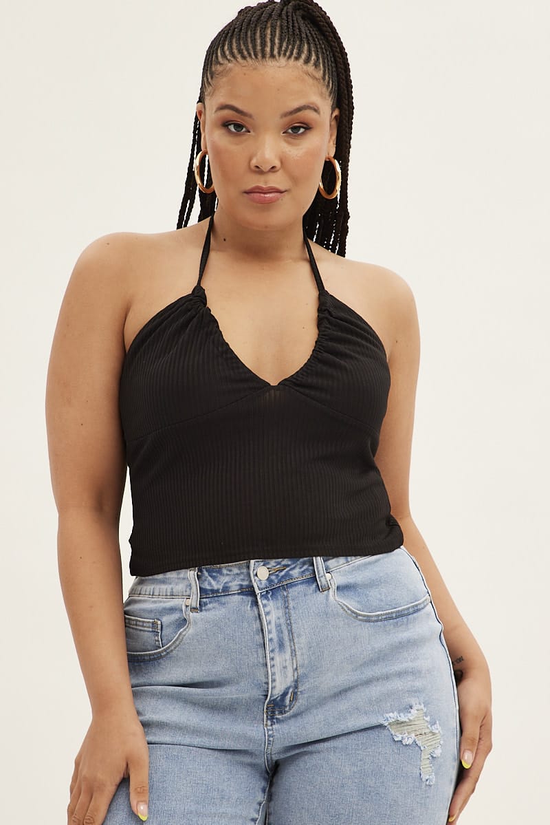 Black Halter Top Rib Jersey Gather Bust Detail for YouandAll Fashion