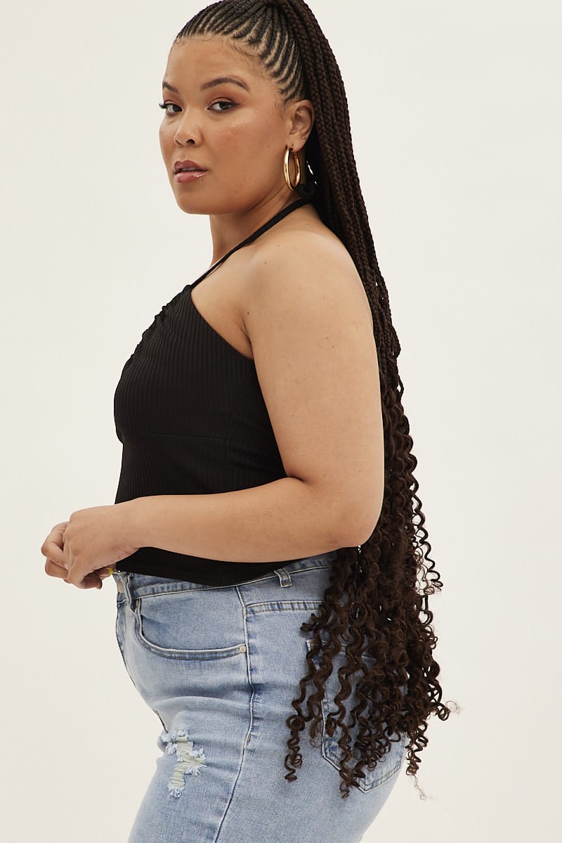 Black Halter Top Rib Jersey Gather Bust Detail for YouandAll Fashion