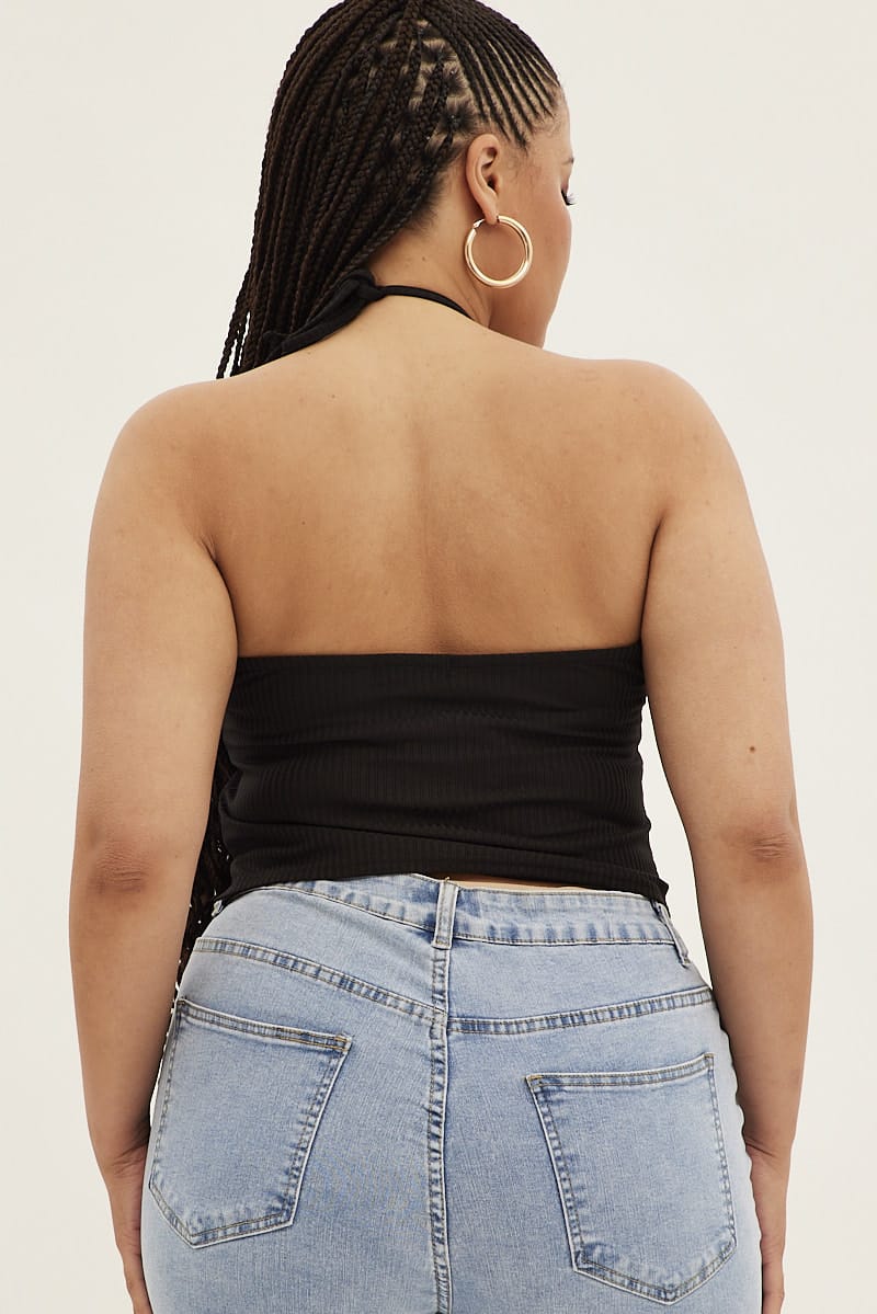 Black Halter Top Rib Jersey Gather Bust Detail for YouandAll Fashion