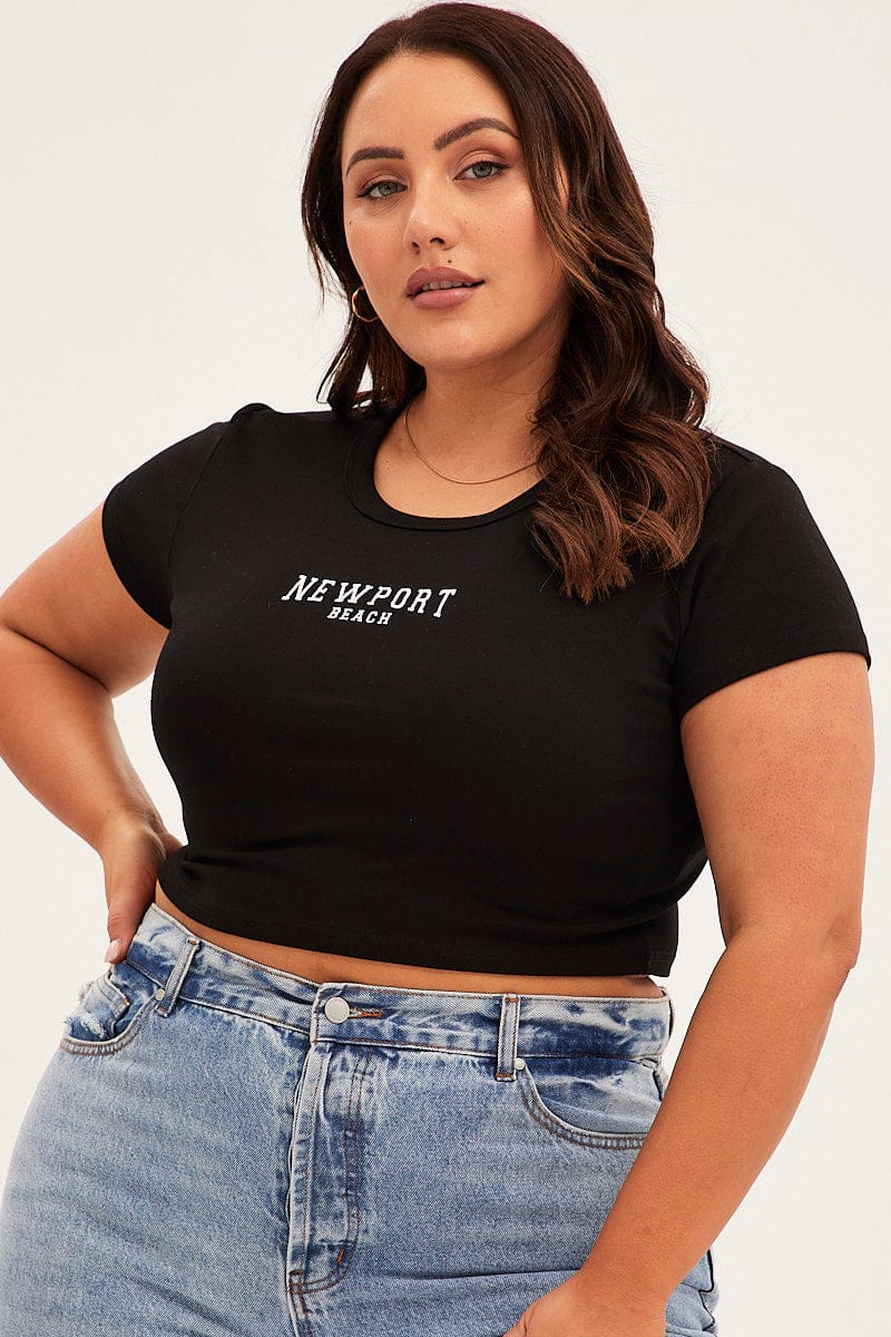 Black Crew Neck Short Sleeve Crop T-Shirt for YouandAll Fashion