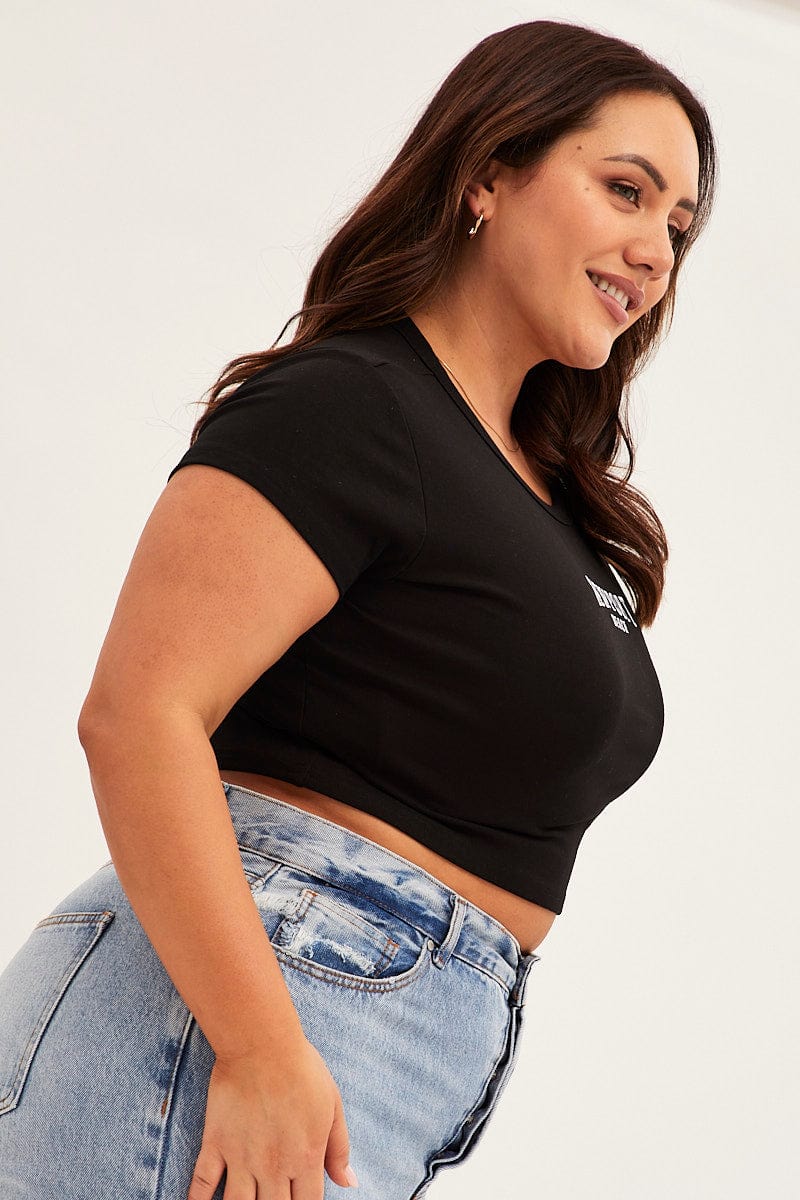 Black Crew Neck Short Sleeve Crop T-Shirt for YouandAll Fashion