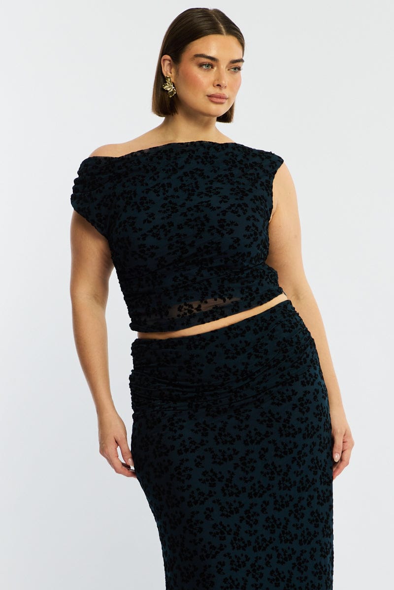 Blue Floral Off Shoulder Top Sleeveless Mesh for YouandAll Fashion