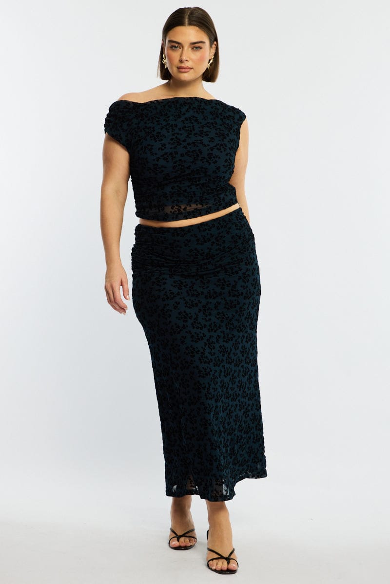 Blue Floral Off Shoulder Top Sleeveless Mesh for YouandAll Fashion