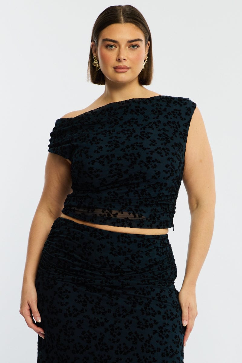 Blue Floral Off Shoulder Top Sleeveless Mesh for YouandAll Fashion