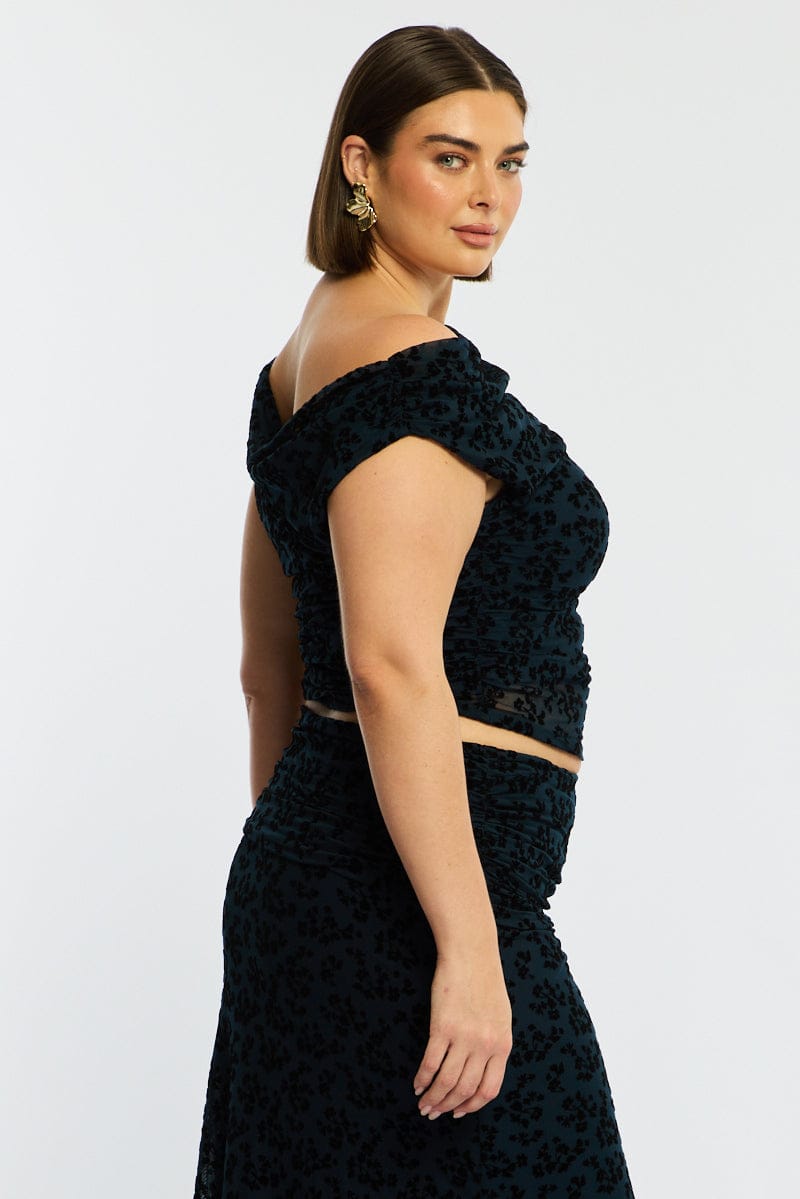 Blue Floral Off Shoulder Top Sleeveless Mesh for YouandAll Fashion