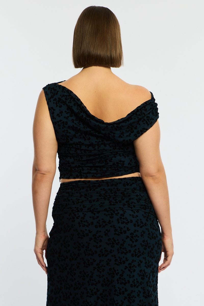 Blue Floral Off Shoulder Top Sleeveless Mesh for YouandAll Fashion