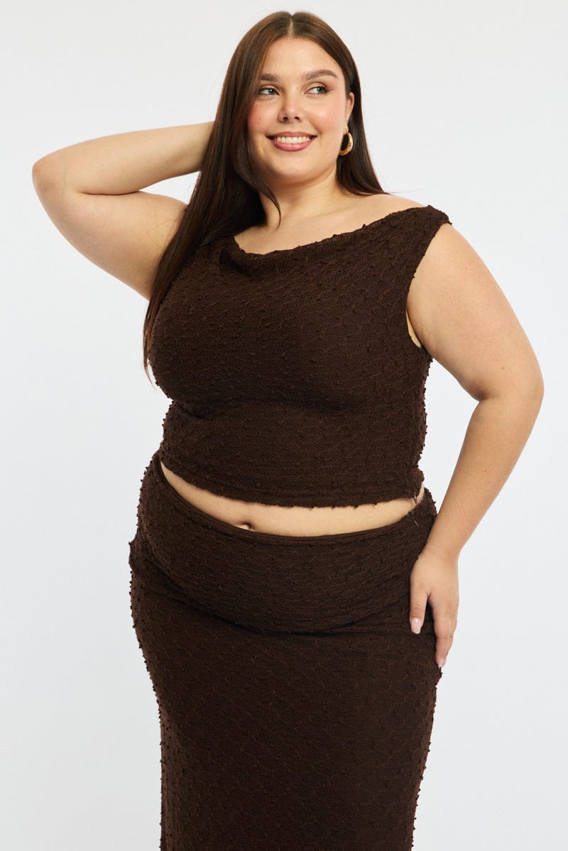 Brown Asymmetric Top Sleeveless One Shoulder Textured for YouandAll Fashion
