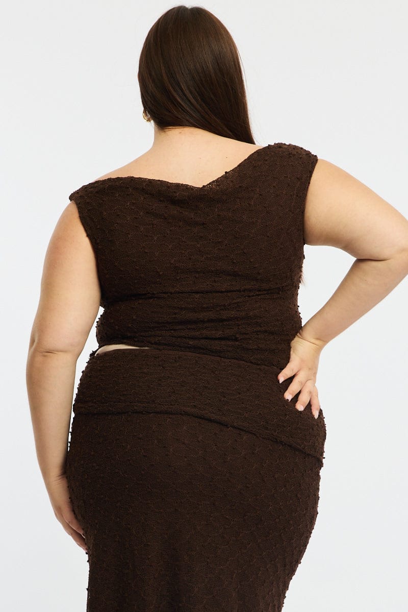 Brown Asymmetric Top Sleeveless One Shoulder Textured for YouandAll Fashion