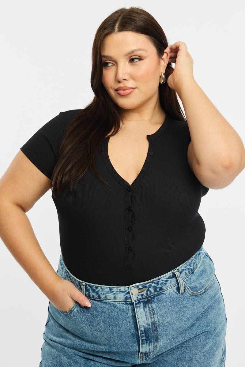 Black Bodysuit Short Sleeve Ribbed Button Front for YouandAll Fashion
