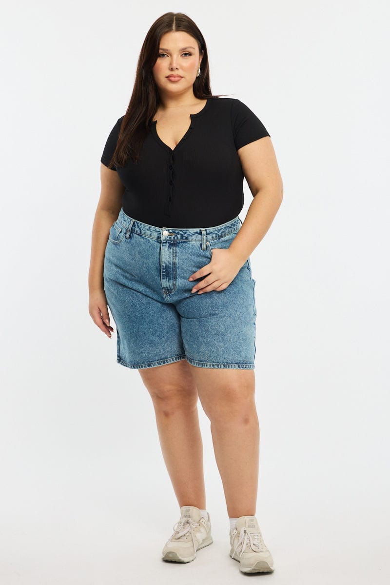 Black Bodysuit Short Sleeve Ribbed Button Front for YouandAll Fashion