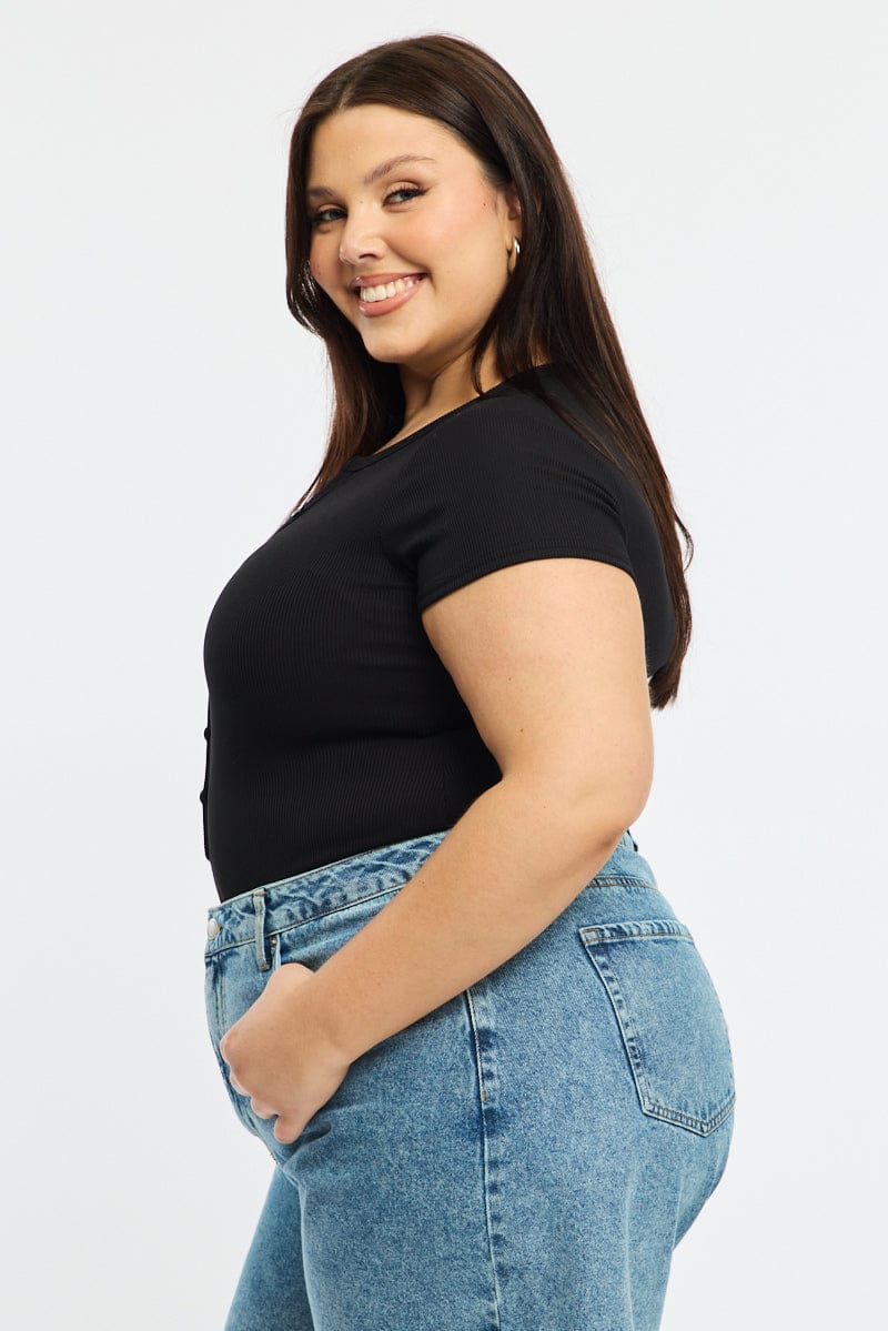 Black Bodysuit Short Sleeve Ribbed Button Front for YouandAll Fashion