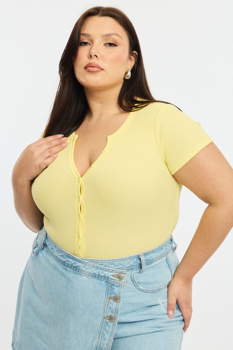Yellow Bodysuit Short Sleeve Ribbed Button Front for YouandAll Fashion