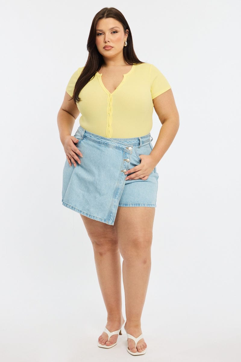 Yellow Bodysuit Short Sleeve Ribbed Button Front for YouandAll Fashion
