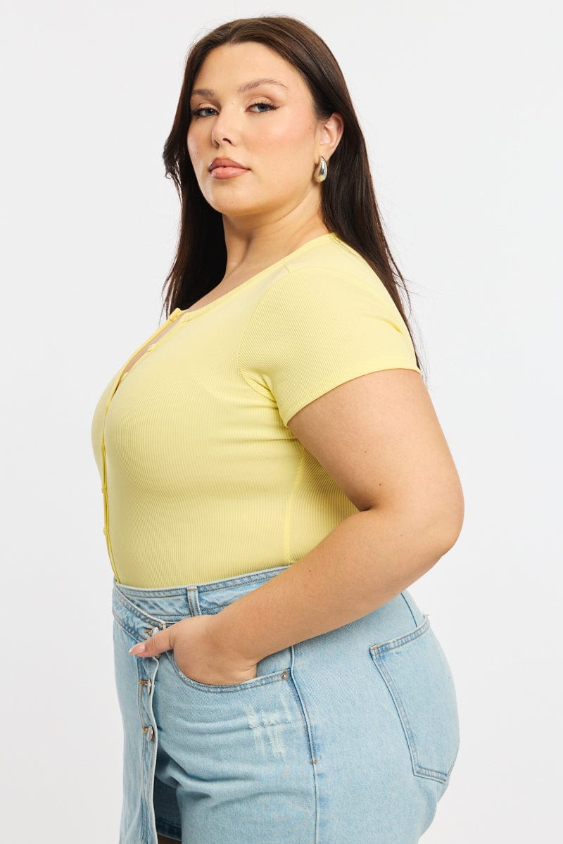 Yellow Bodysuit Short Sleeve Ribbed Button Front for YouandAll Fashion
