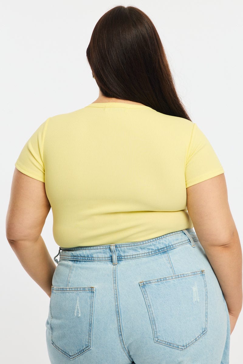 Yellow Bodysuit Short Sleeve Ribbed Button Front for YouandAll Fashion