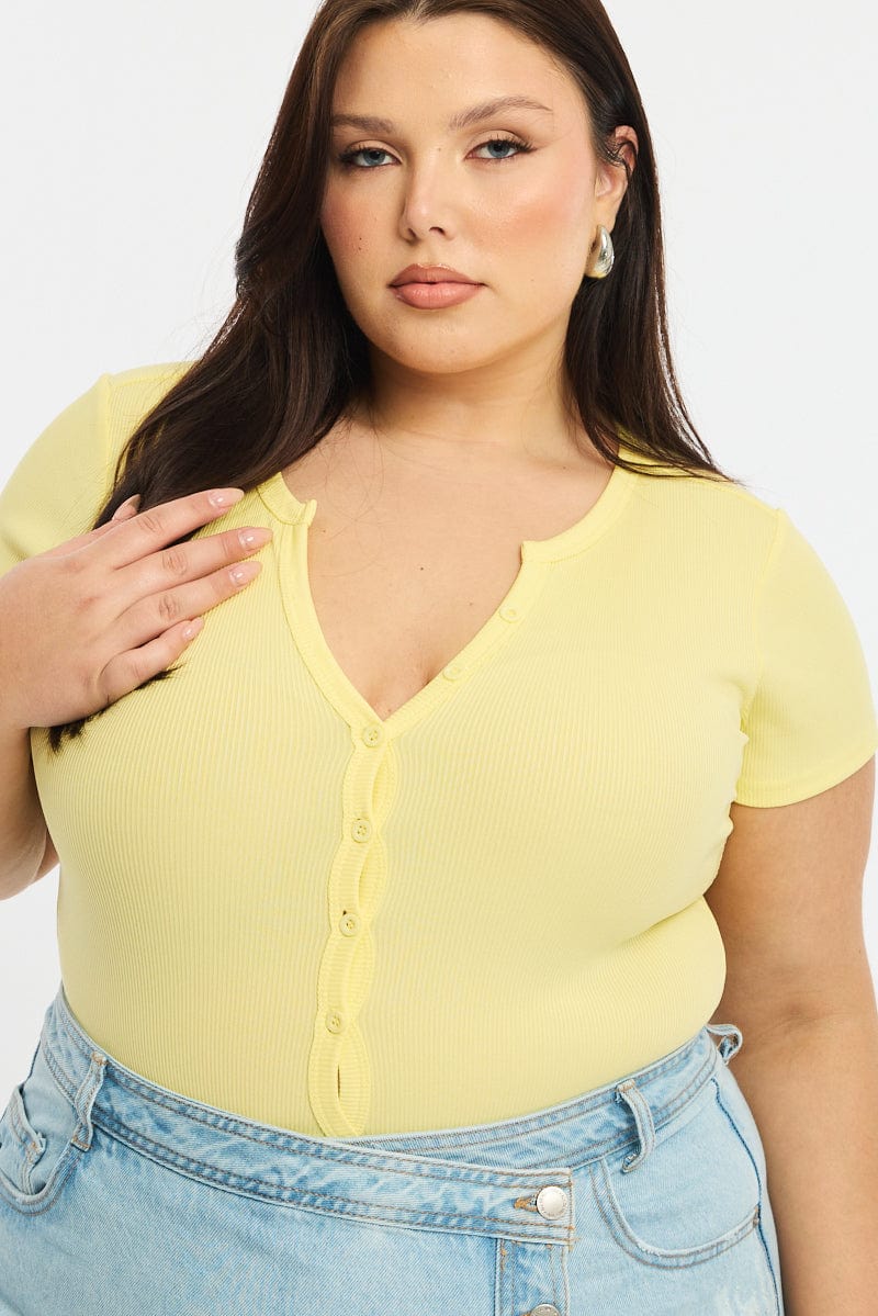 Yellow Bodysuit Short Sleeve Ribbed Button Front for YouandAll Fashion