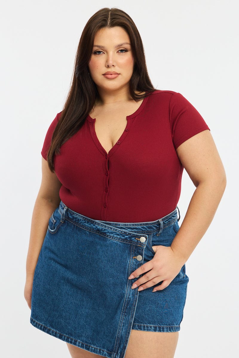 Red Bodysuit Short Sleeve Ribbed Button Front for YouandAll Fashion