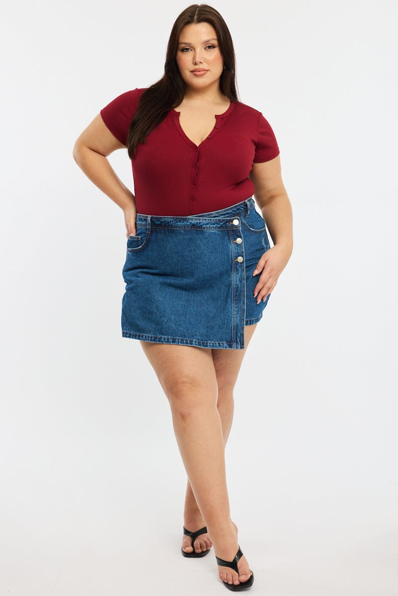 Red Bodysuit Short Sleeve Ribbed Button Front for YouandAll Fashion