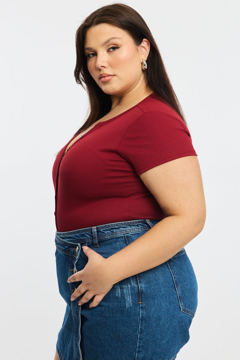 Red Bodysuit Short Sleeve Ribbed Button Front for YouandAll Fashion