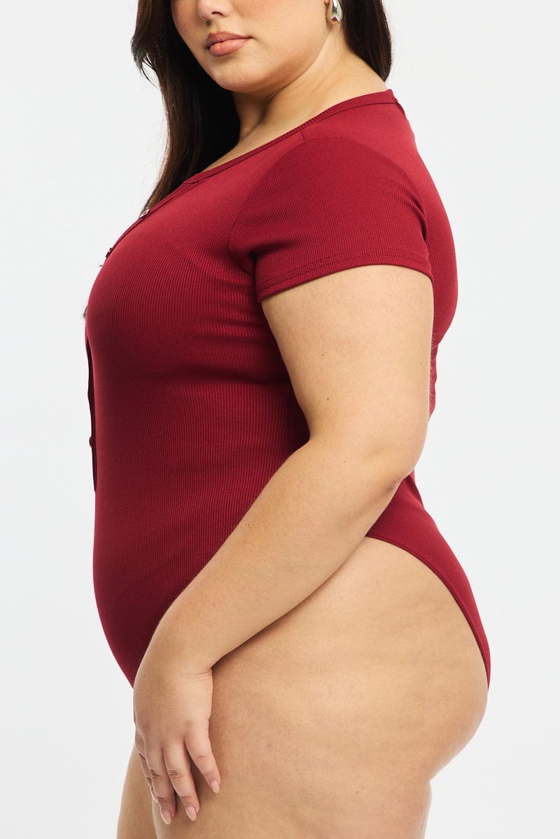 Red Bodysuit Short Sleeve Ribbed Button Front for YouandAll Fashion