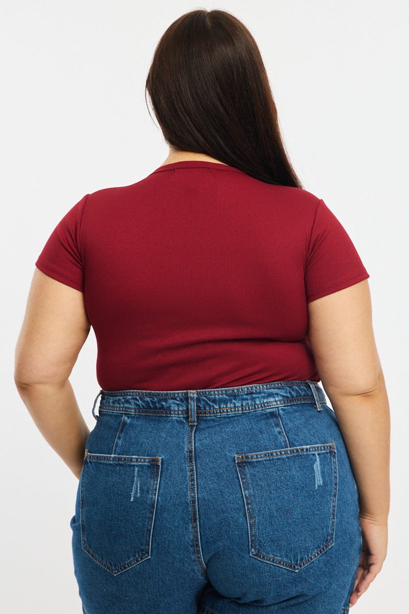 Red Bodysuit Short Sleeve Ribbed Button Front for YouandAll Fashion