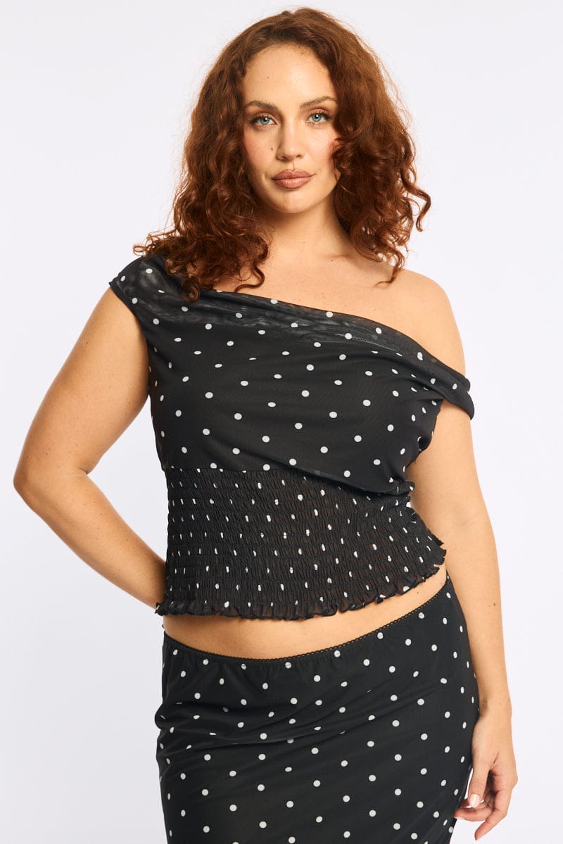 Black Polka Dot Off Shoulder Top Sleeveless Shirred Waist for YouandAll Fashion