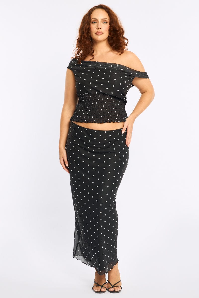Black Polka Dot Off Shoulder Top Sleeveless Shirred Waist for YouandAll Fashion