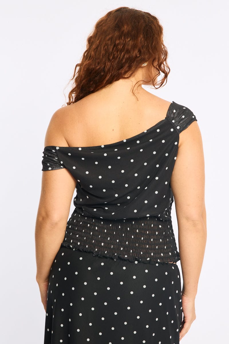 Black Polka Dot Off Shoulder Top Sleeveless Shirred Waist for YouandAll Fashion