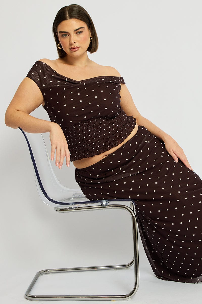 Brown Polka Dot Off Shoulder Top Sleeveless Shirred Waist | You & All