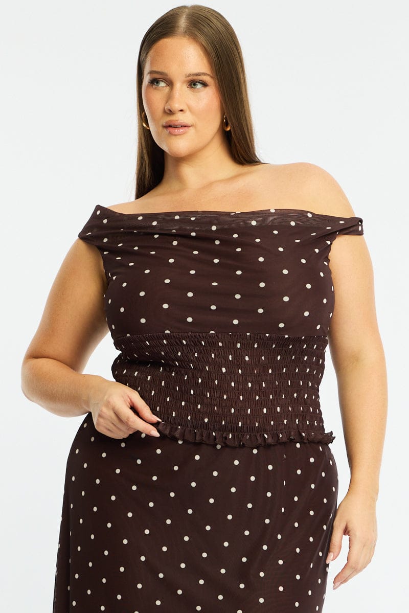 Brown Polka Dot Off Shoulder Top Sleeveless Shirred Waist for YouandAll Fashion