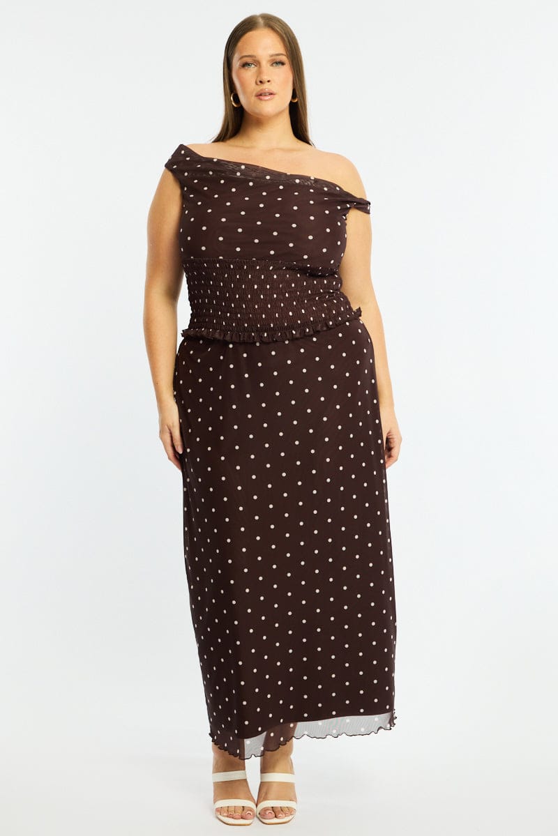 Brown Polka Dot Off Shoulder Top Sleeveless Shirred Waist for YouandAll Fashion