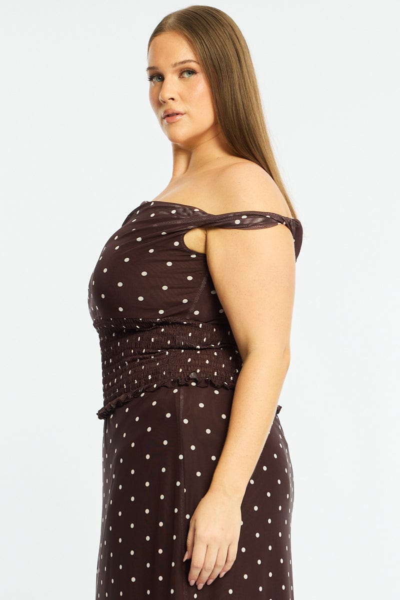 Brown Polka Dot Off Shoulder Top Sleeveless Shirred Waist for YouandAll Fashion