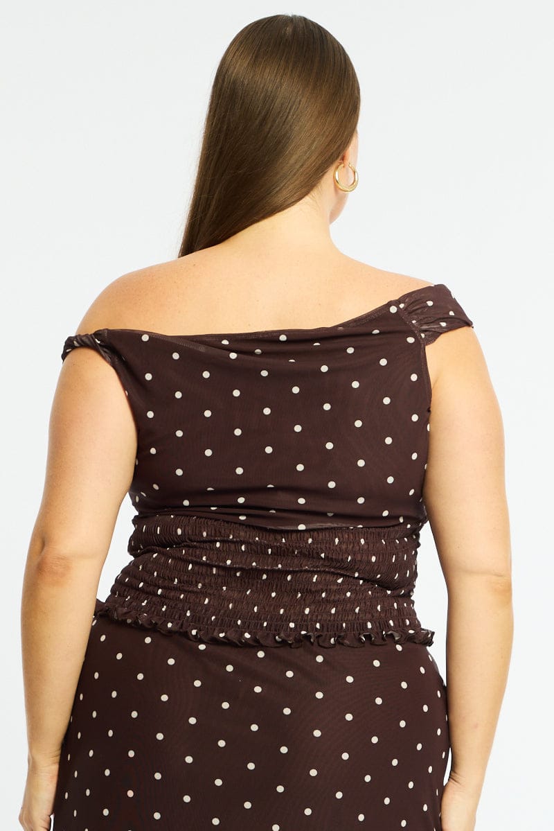 Brown Polka Dot Off Shoulder Top Sleeveless Shirred Waist for YouandAll Fashion