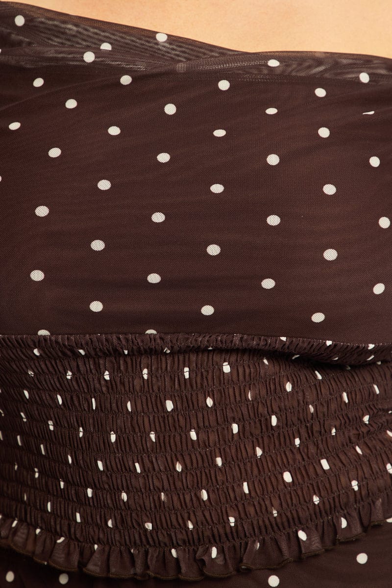 Brown Polka Dot Off Shoulder Top Sleeveless Shirred Waist for YouandAll Fashion