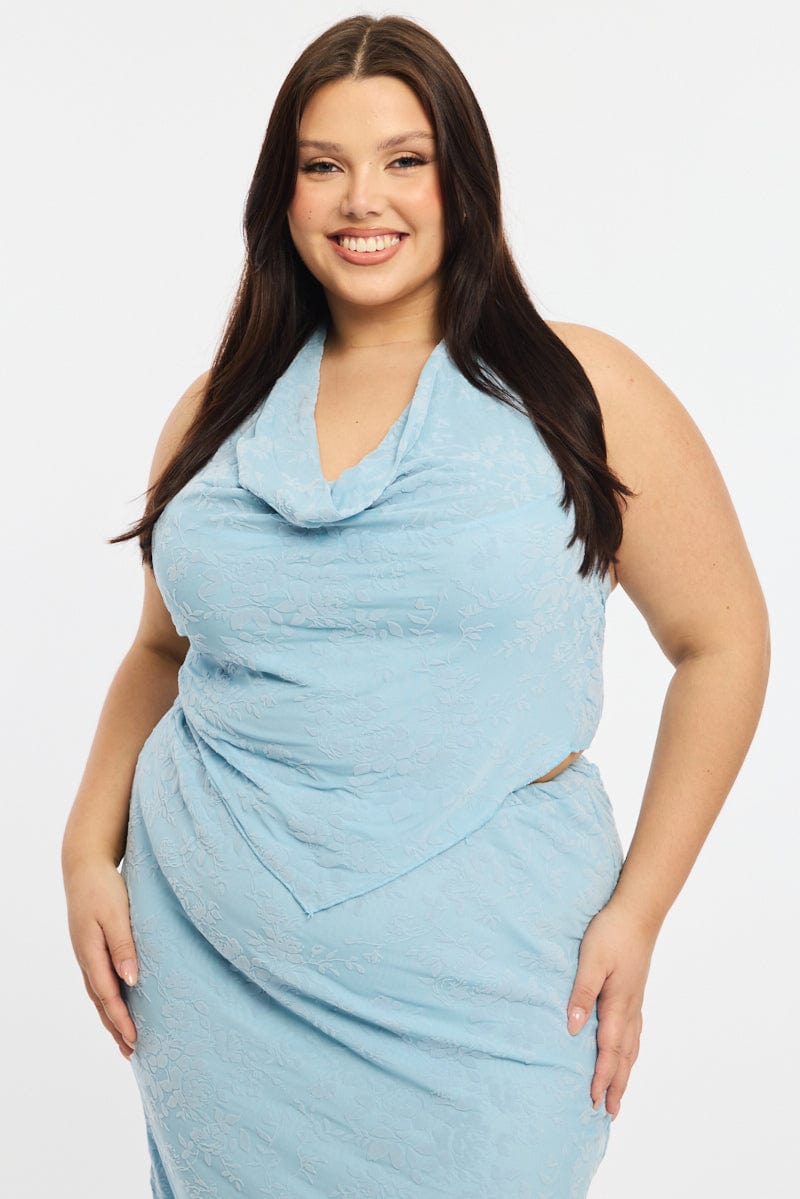 Blue Mesh Halter Top Sleeveless Scarf Hem for YouandAll Fashion