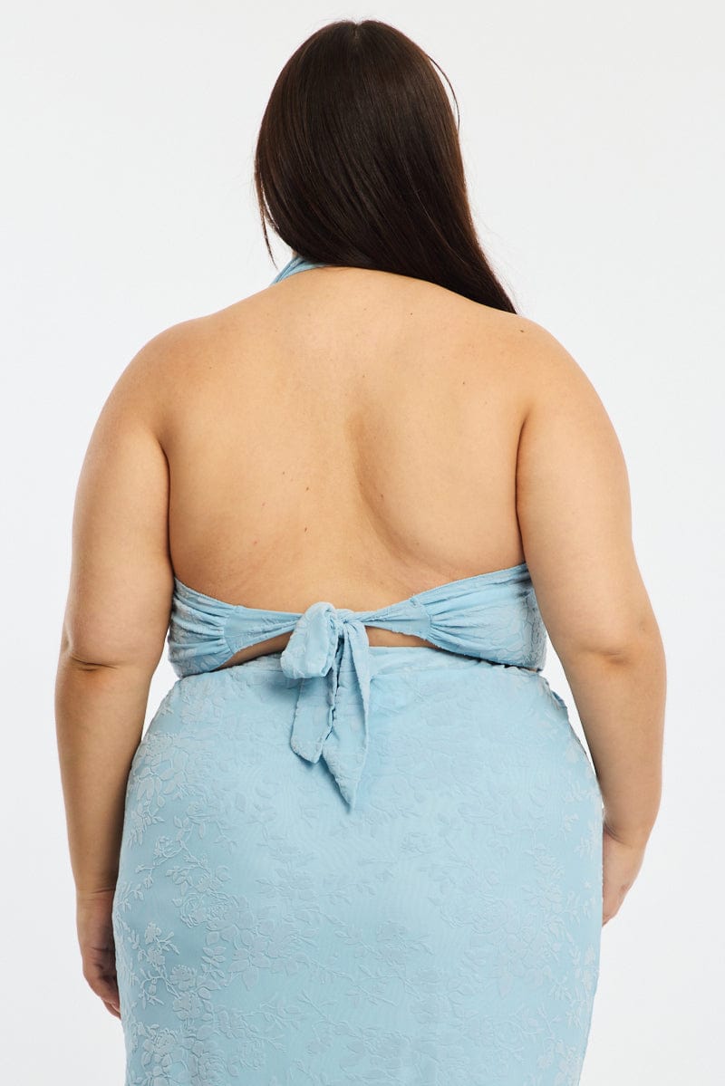 Blue Mesh Halter Top Sleeveless Scarf Hem for YouandAll Fashion