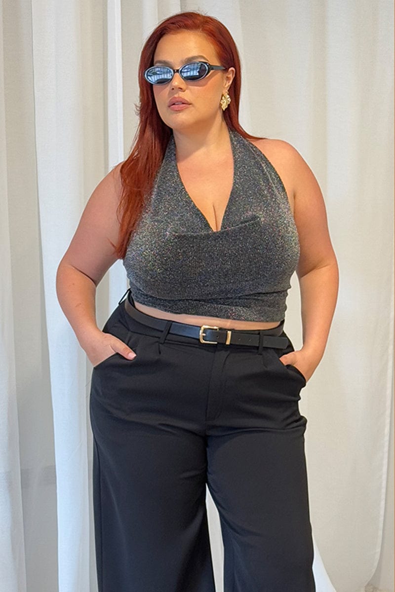 Metallic Mesh Halter Top Sleeveless Scarf Hem for YouandAll Fashion