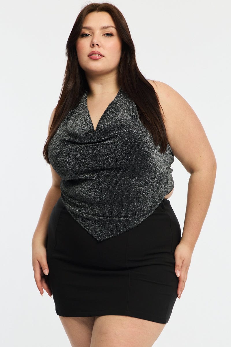 Metallic Mesh Halter Top Sleeveless Scarf Hem for YouandAll Fashion