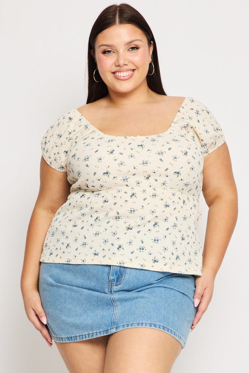 White Ditsy Floral Babydoll Top Short Sleeve Textured for YouandAll Fashion
