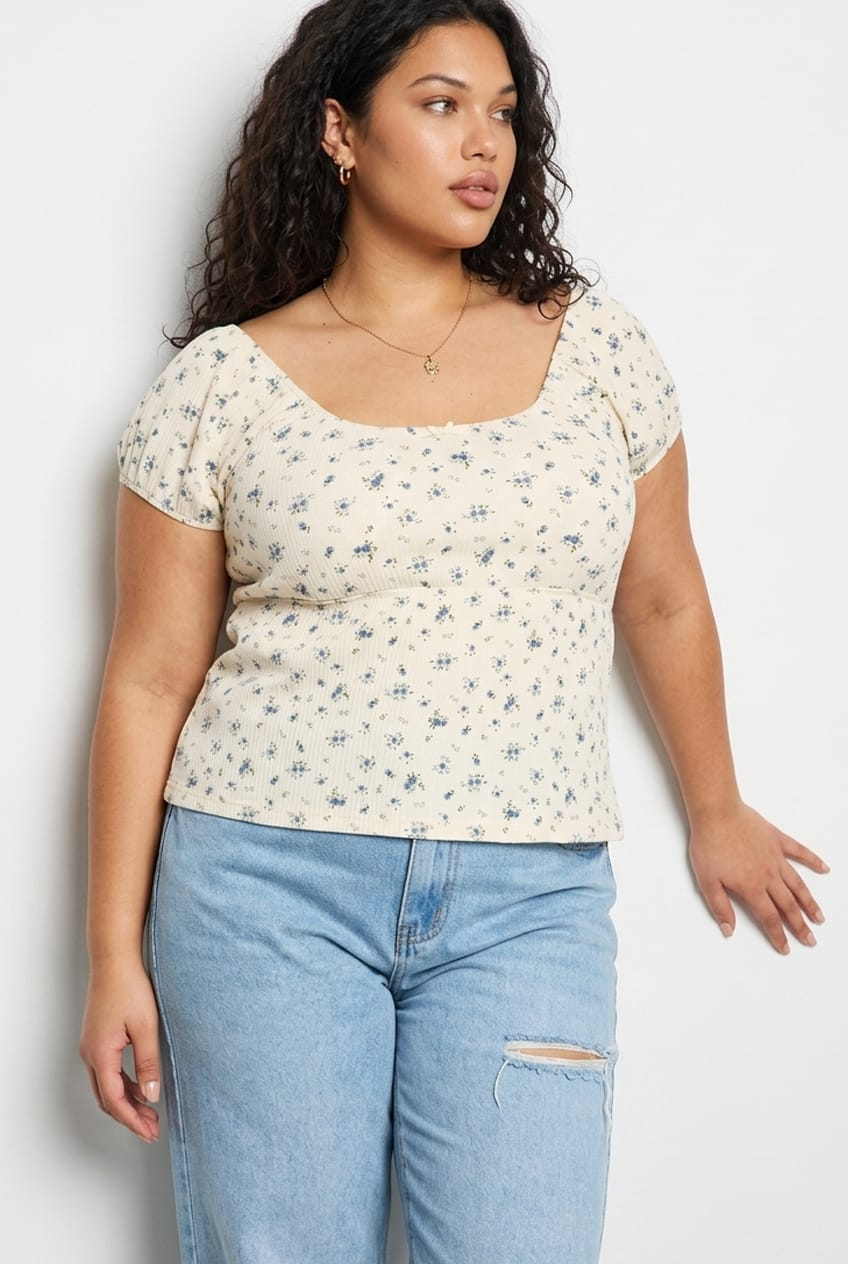 White Ditsy Floral Babydoll Top Short Sleeve Textured for YouandAll Fashion