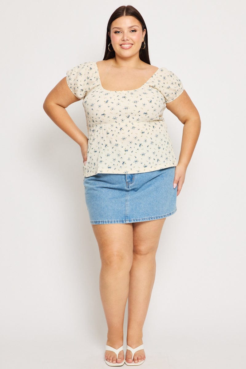 White Ditsy Floral Babydoll Top Short Sleeve Textured for YouandAll Fashion