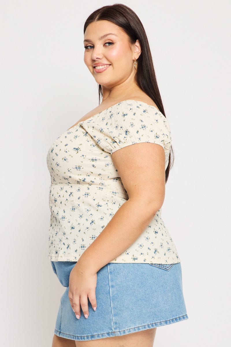 White Ditsy Floral Babydoll Top Short Sleeve Textured for YouandAll Fashion