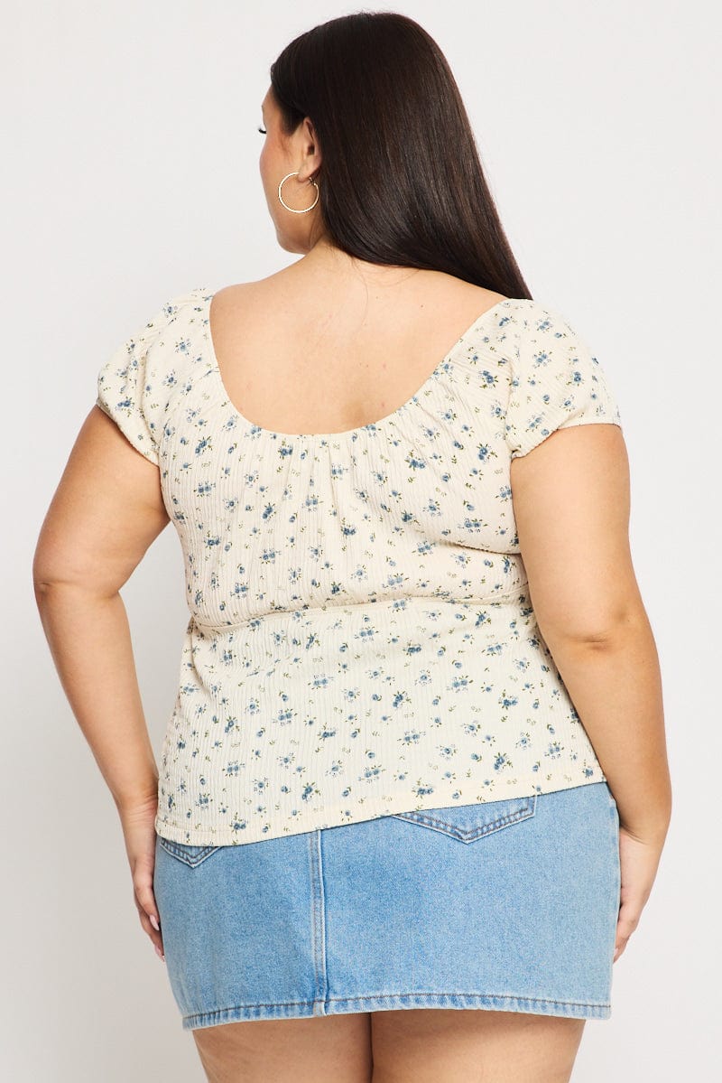 White Ditsy Floral Babydoll Top Short Sleeve Textured for YouandAll Fashion