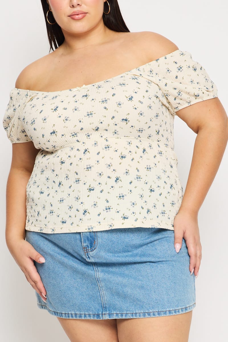 White Ditsy Floral Babydoll Top Short Sleeve Textured for YouandAll Fashion