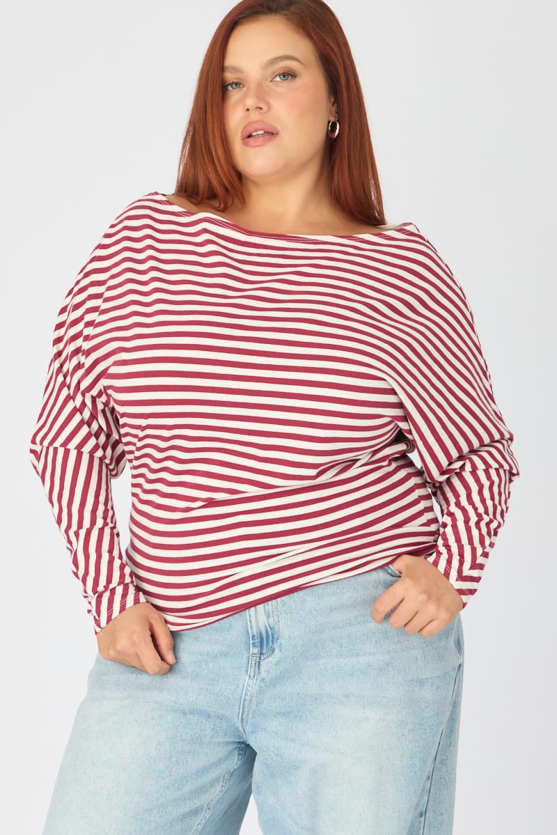 Red Stripe Bat Wing Top Long Sleeve for YouandAll Fashion