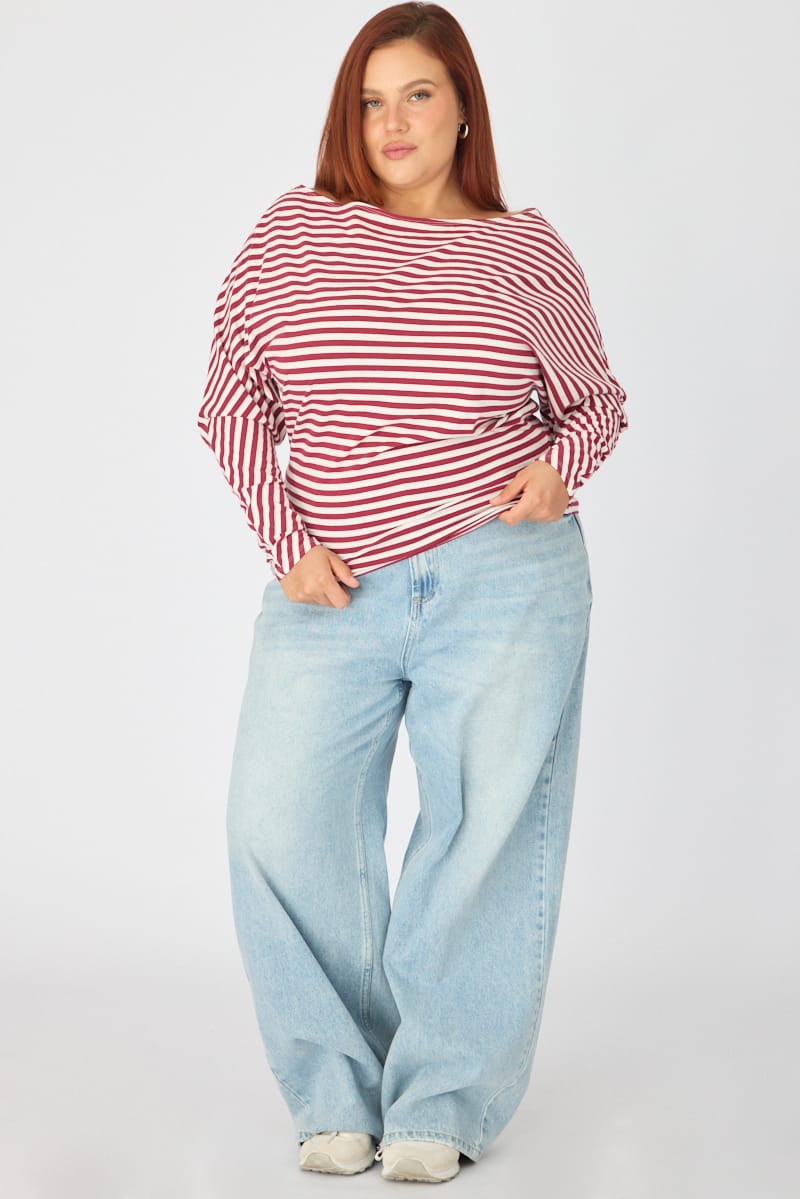 Red Stripe Bat Wing Top Long Sleeve for YouandAll Fashion