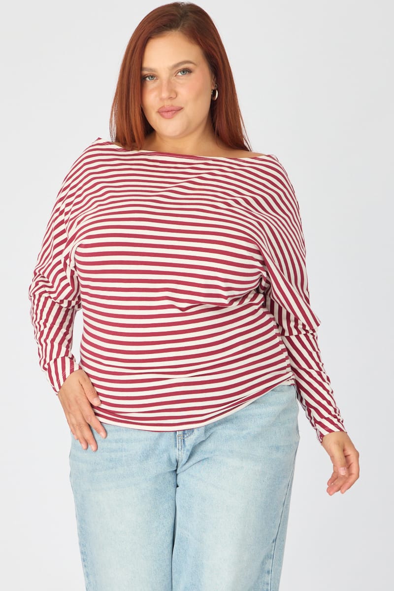 Red Stripe Bat Wing Top Long Sleeve for YouandAll Fashion