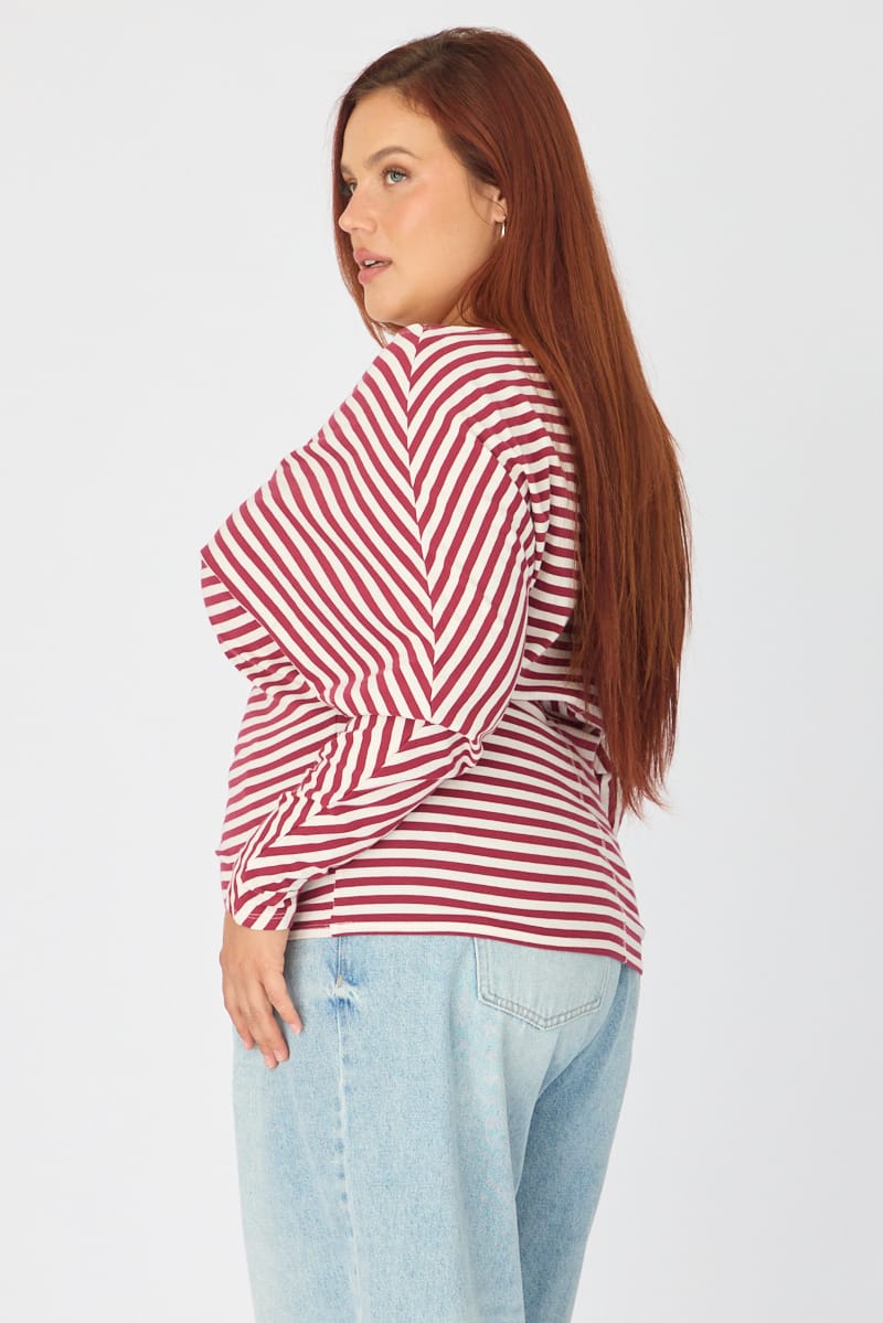 Red Stripe Bat Wing Top Long Sleeve for YouandAll Fashion
