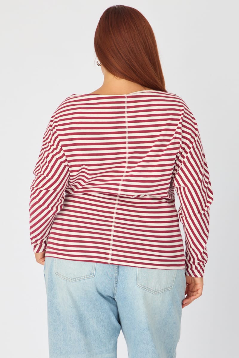 Red Stripe Bat Wing Top Long Sleeve for YouandAll Fashion