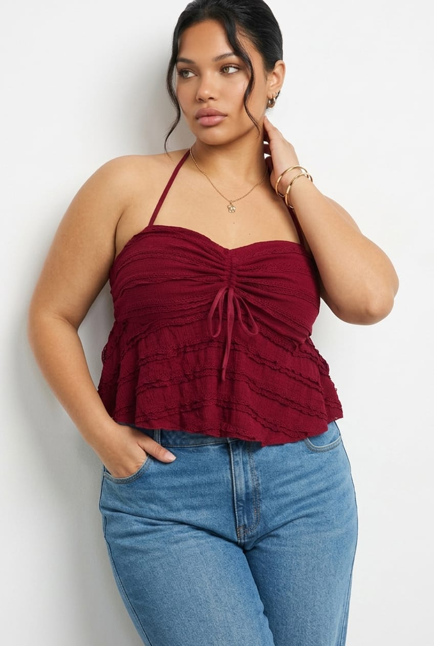 Red Lace Top Sleeveless Ruched Bust for YouandAll Fashion